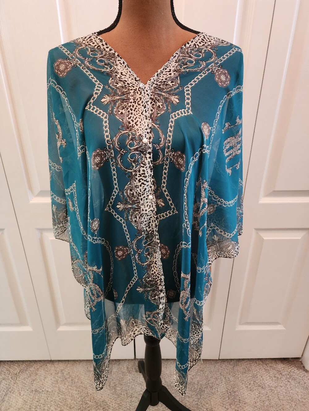 Sheer Teal Chain / Animal Print With Pearl Buttons Tunic Shawl Swim Cover Kimono